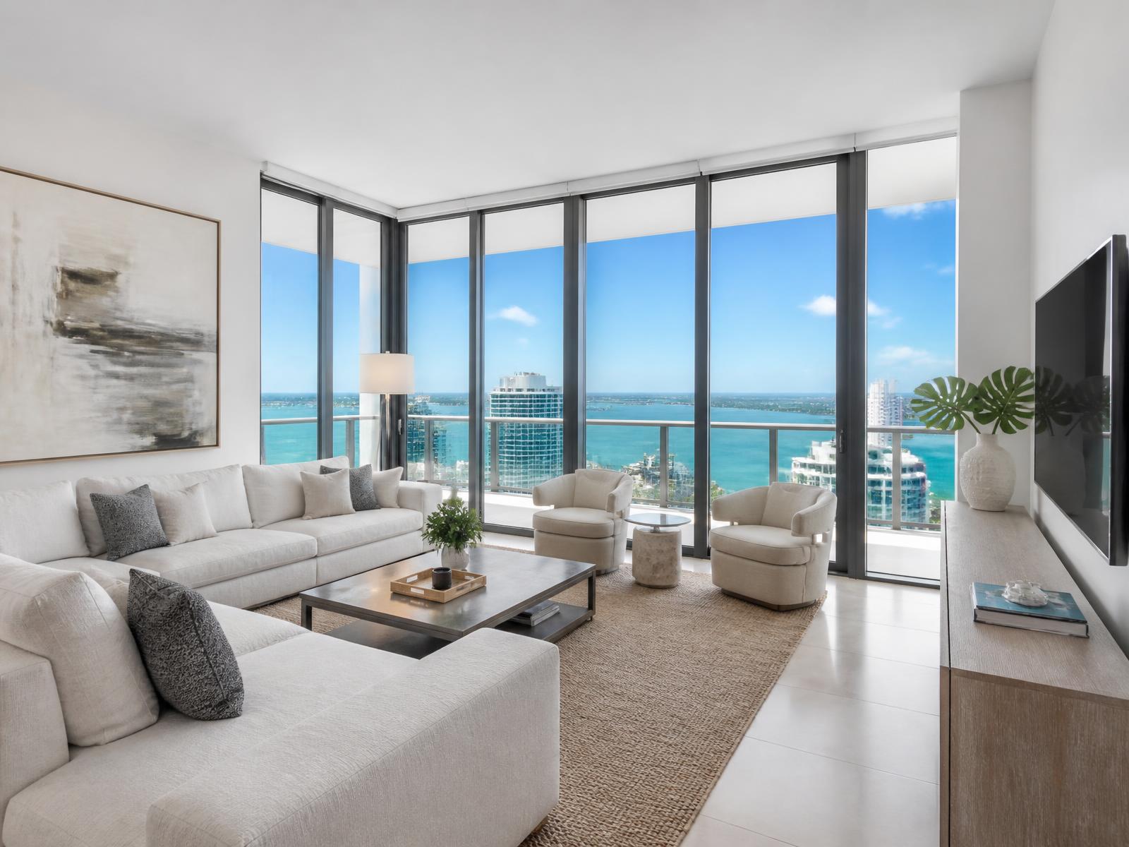 Bright, guest-ready Miami condo living room with bay views